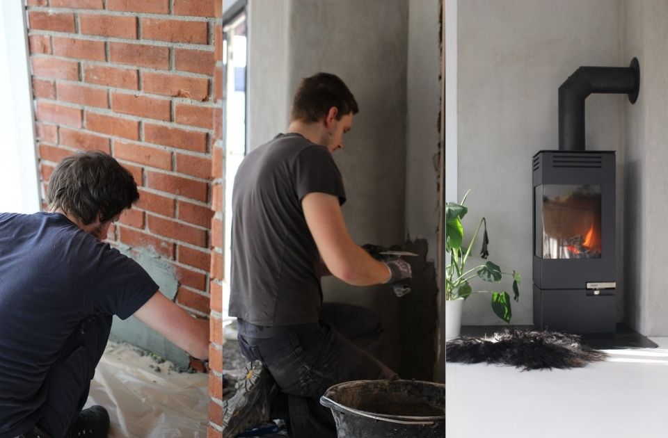 3 billeder af processen ved installation af brændeovn