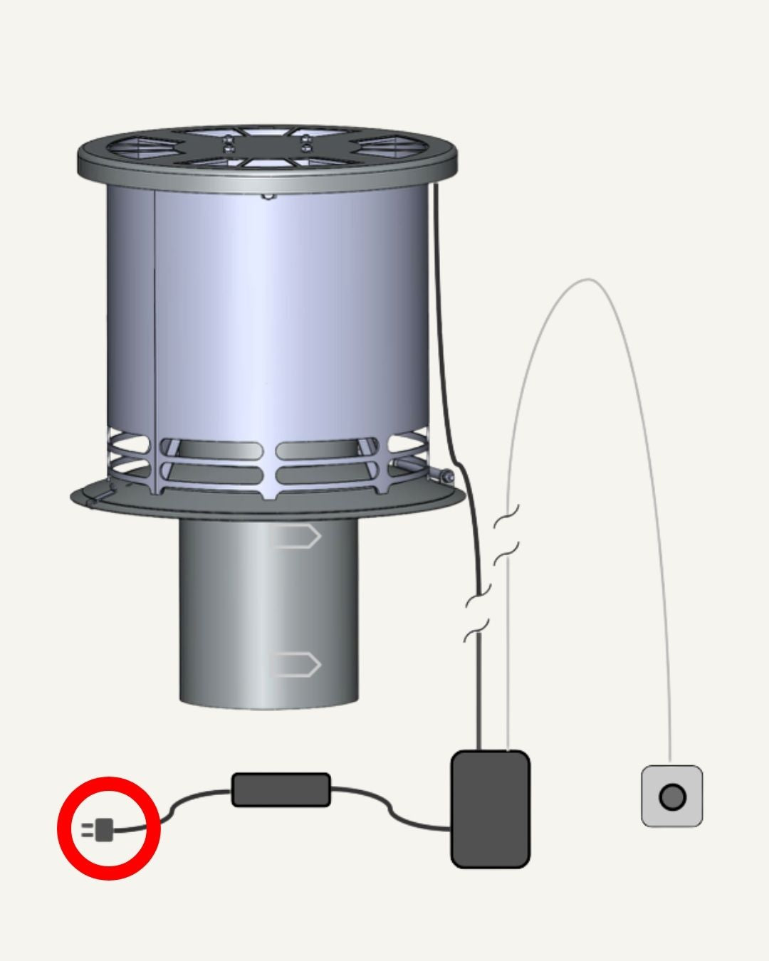 Illustration af Aduro DraftOptimizer med kabel og stik