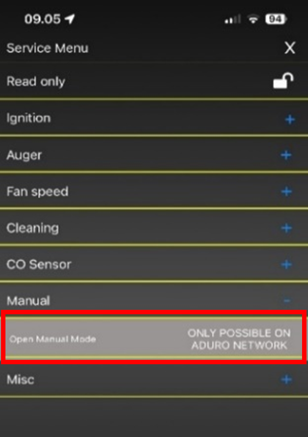Markering af åben manual mode i Aduro Hybrid Appen