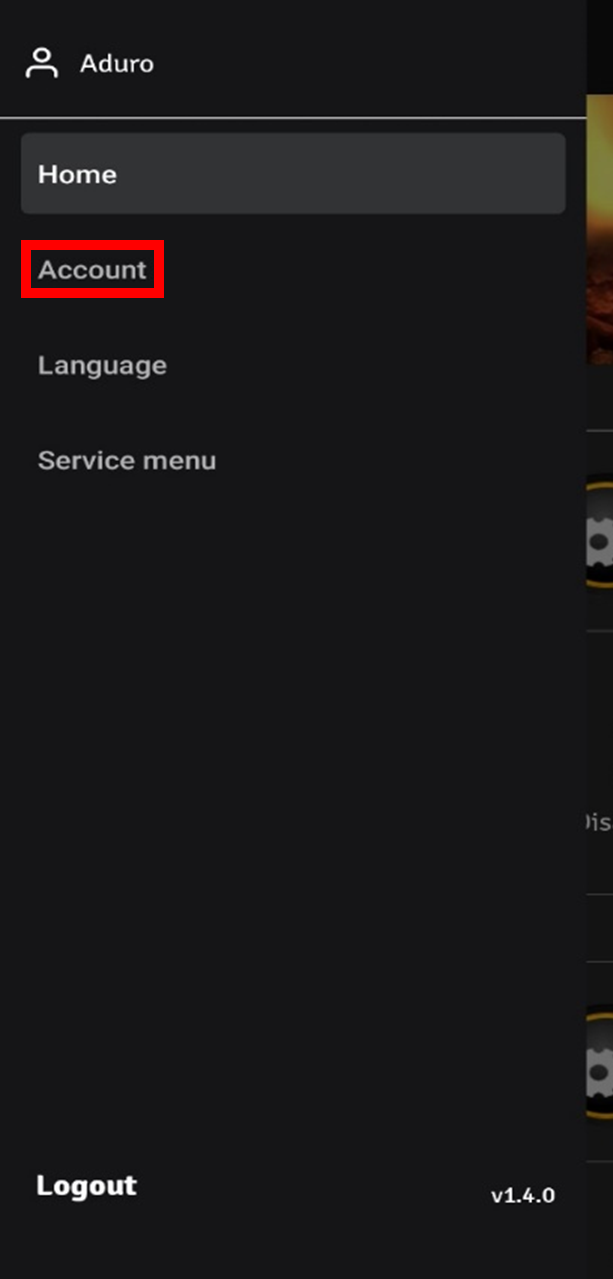 Markering af 'konto' i menuen i pilleovn-app