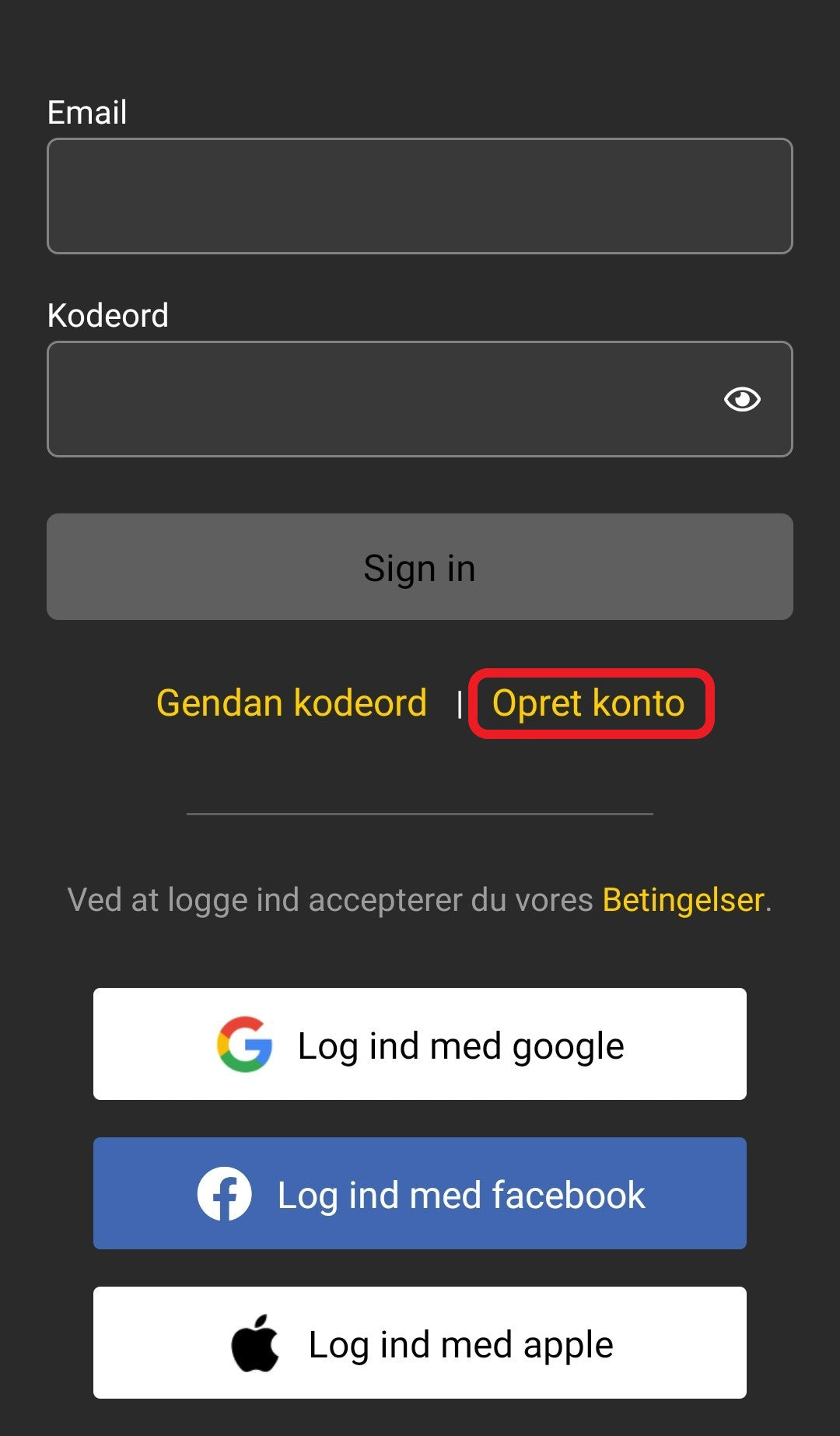 Markering ad opret konto i Aduro Pellet Stove App