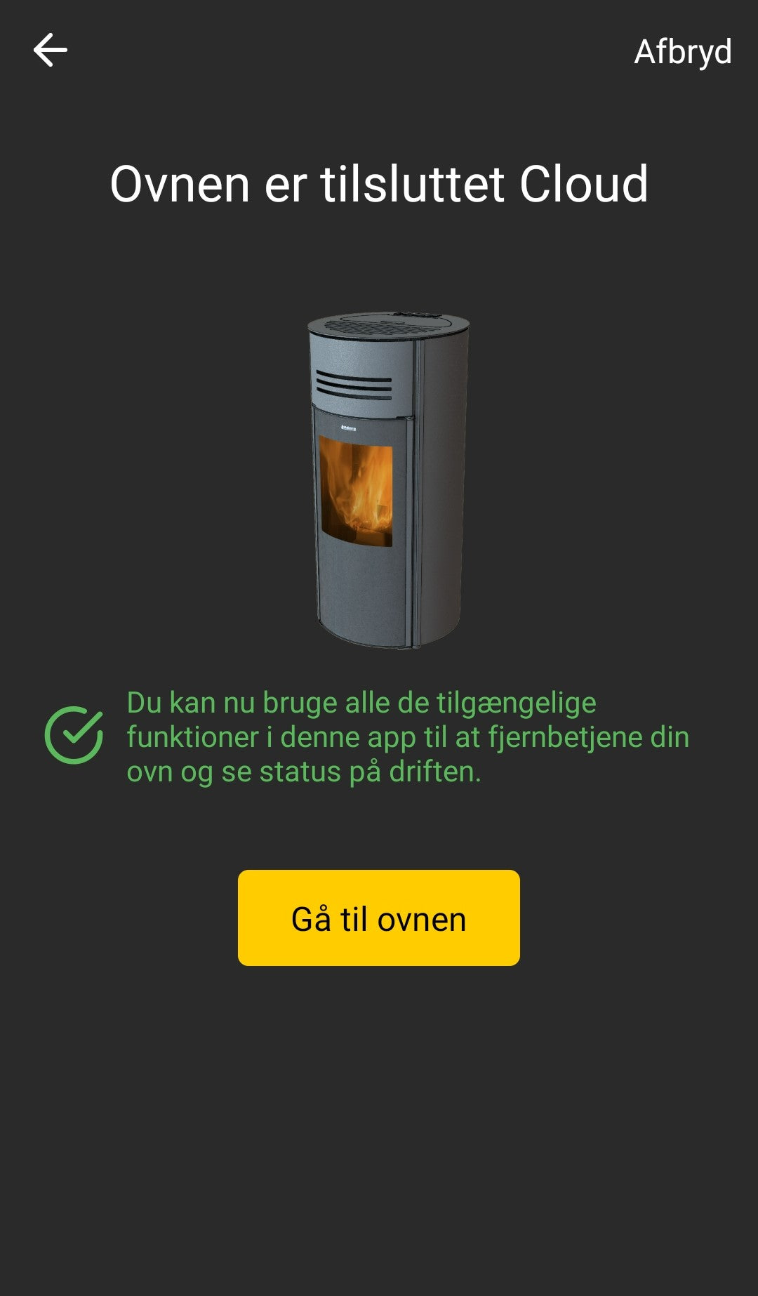 Bekræftelse af ovntilslutning i Aduro Pellet Stove App