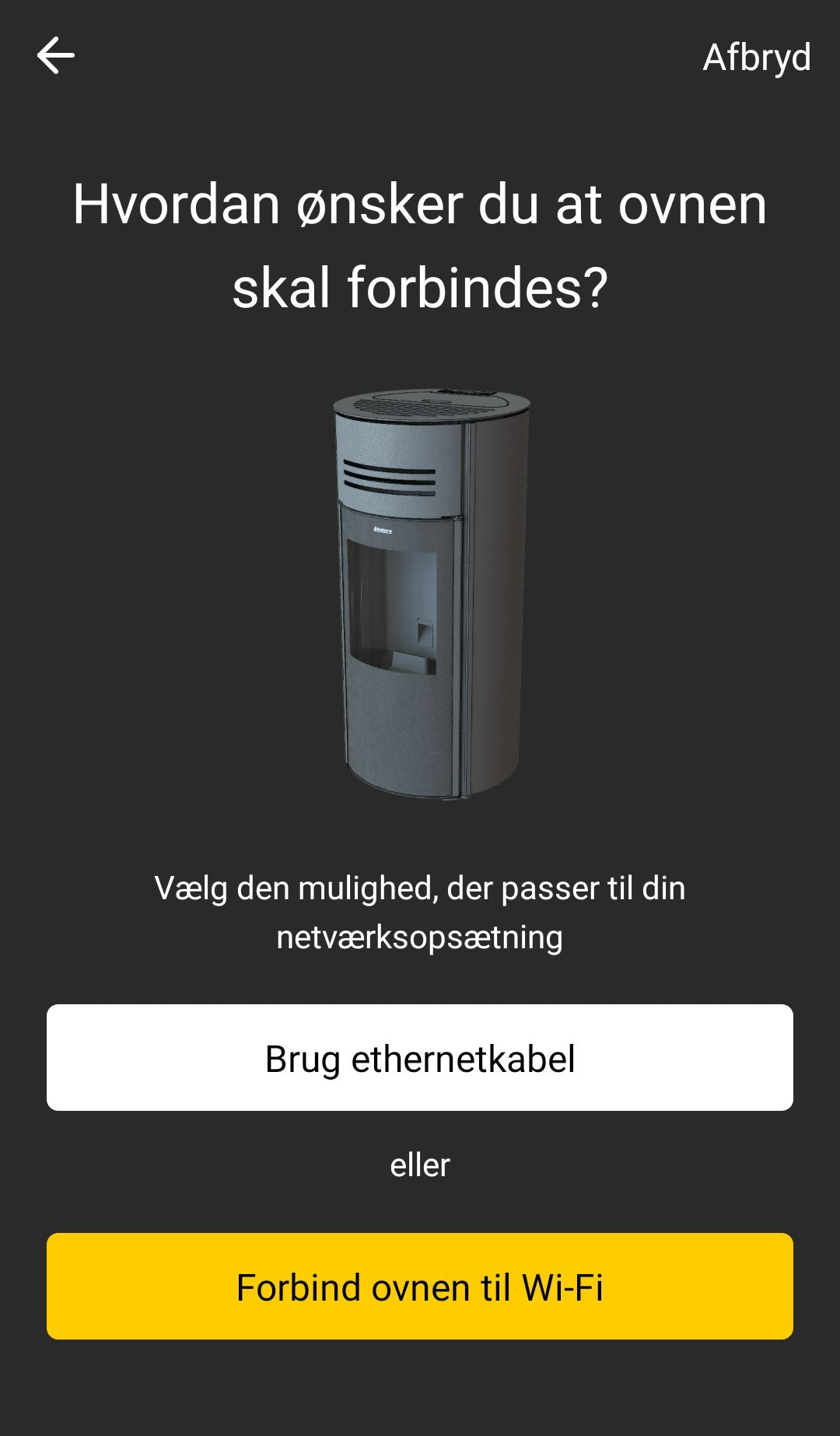 Forbindelse til oven i Aduro Pellet Stove App