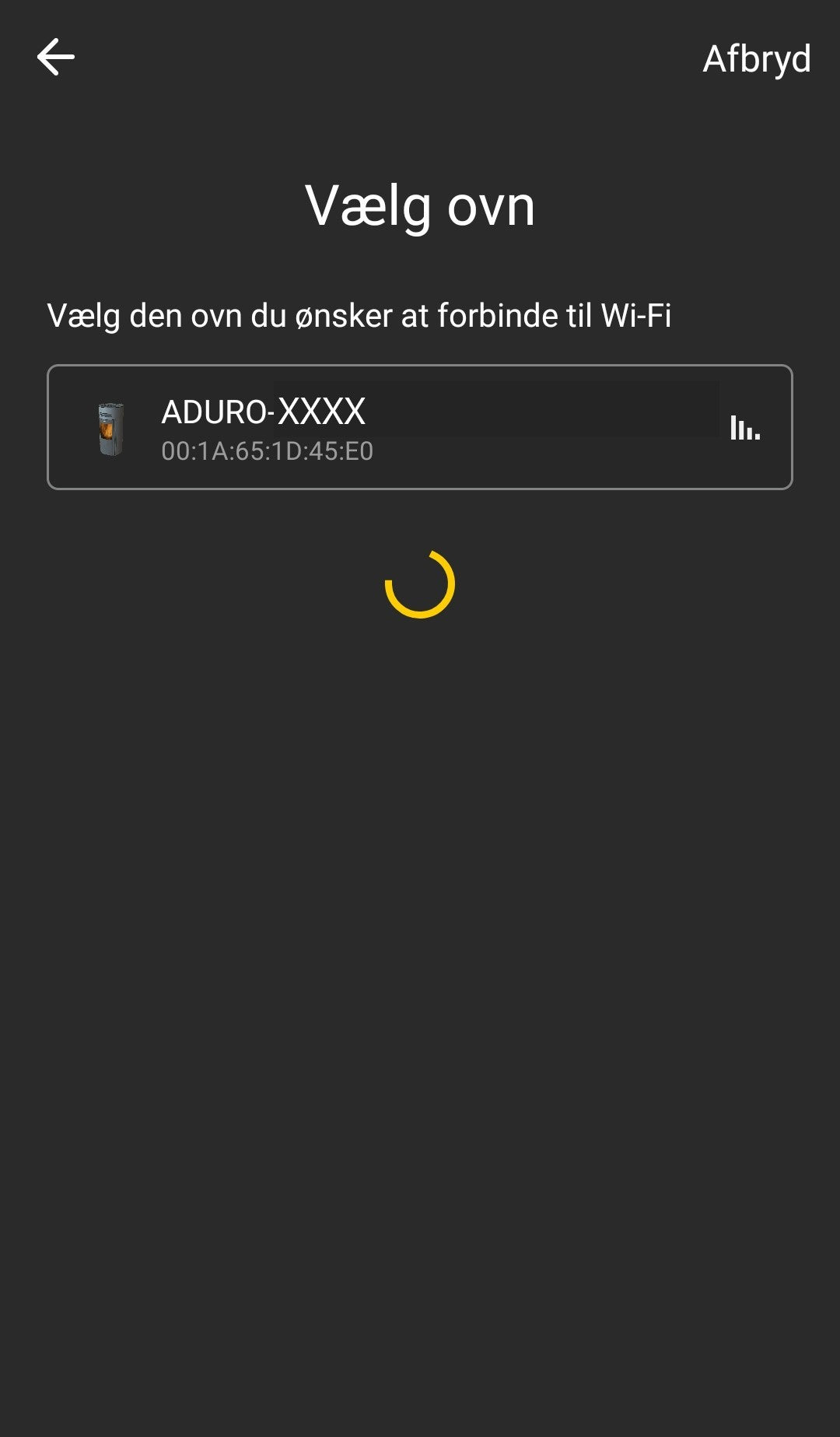 Valg af ovn i Aduro Pellet Stove App